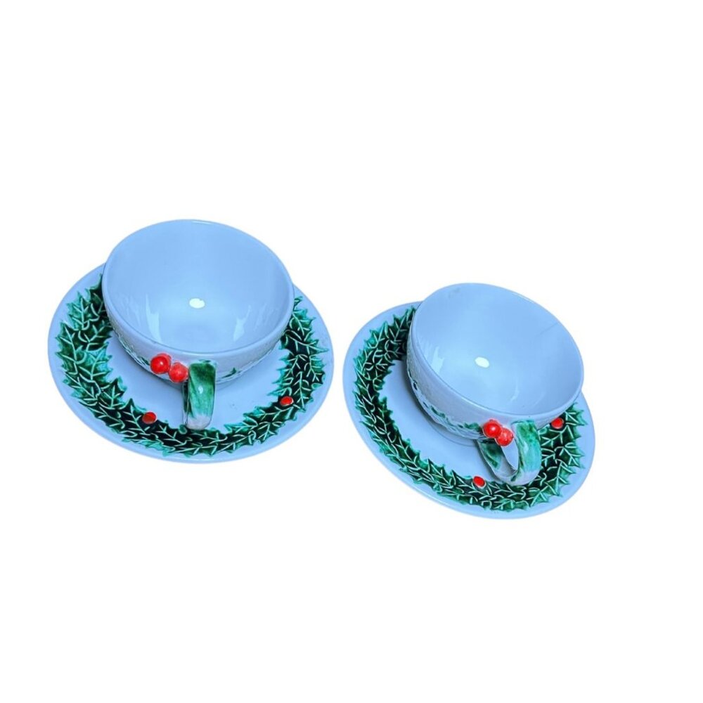 Vintage LEFTON Holly Berry Cups & Saucer Set – Set of 2 Embossed Christmas Teacu
